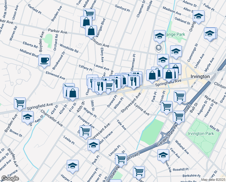 map of restaurants, bars, coffee shops, grocery stores, and more near 1256 Springfield Avenue in Irvington