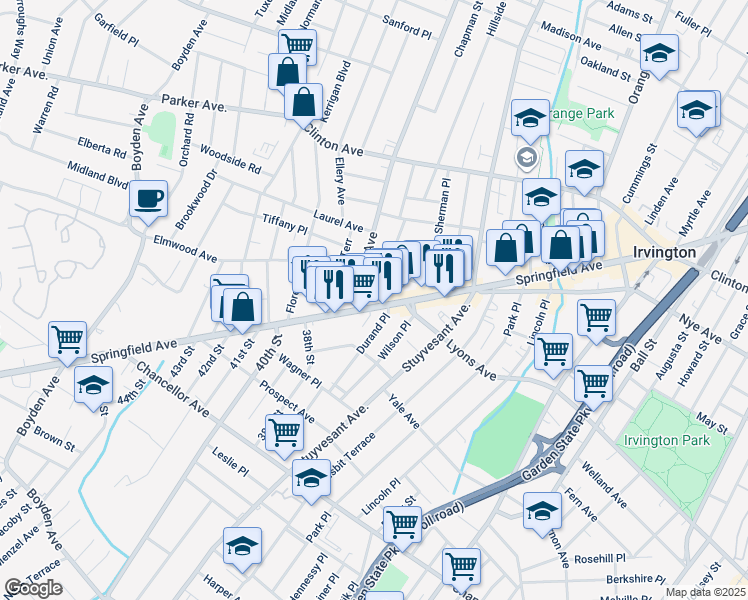 map of restaurants, bars, coffee shops, grocery stores, and more near 1256 Springfield Avenue in Irvington