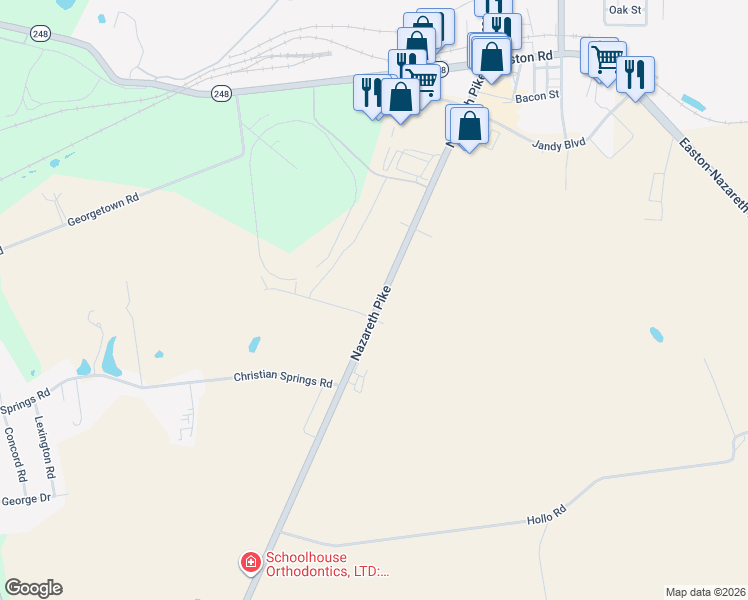 map of restaurants, bars, coffee shops, grocery stores, and more near 749 Pennsylvania 191 in Nazareth