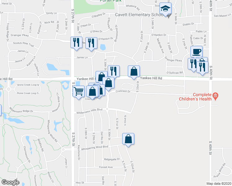 map of restaurants, bars, coffee shops, grocery stores, and more near 3055 Crescent Drive in Lincoln