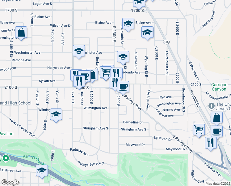 map of restaurants, bars, coffee shops, grocery stores, and more near 2286 East 2100 South in Salt Lake City