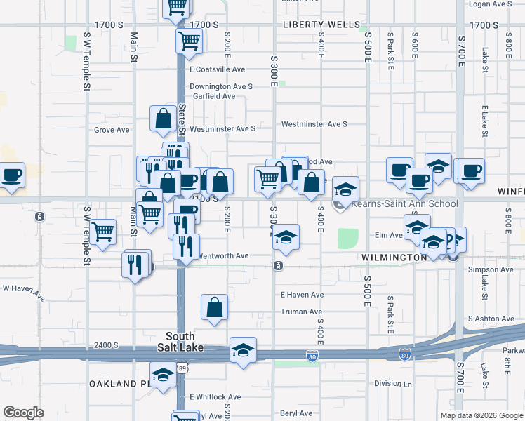 map of restaurants, bars, coffee shops, grocery stores, and more near 2123 South Roberta Street in South Salt Lake