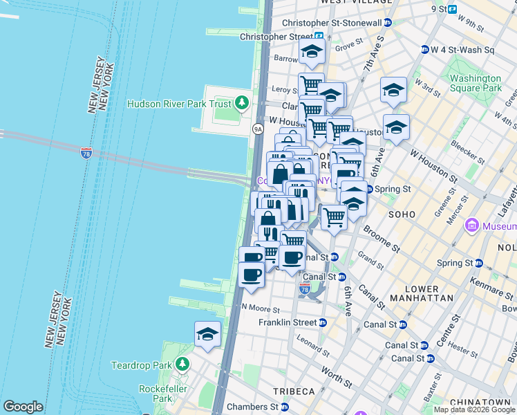 map of restaurants, bars, coffee shops, grocery stores, and more near 267 West Street in New York