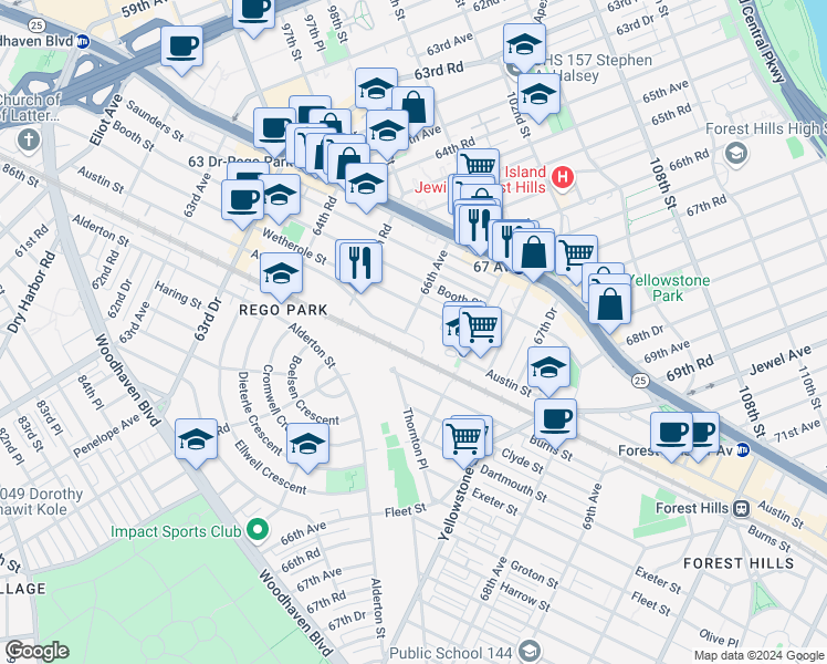 map of restaurants, bars, coffee shops, grocery stores, and more near 94-02 66th Avenue in Queens