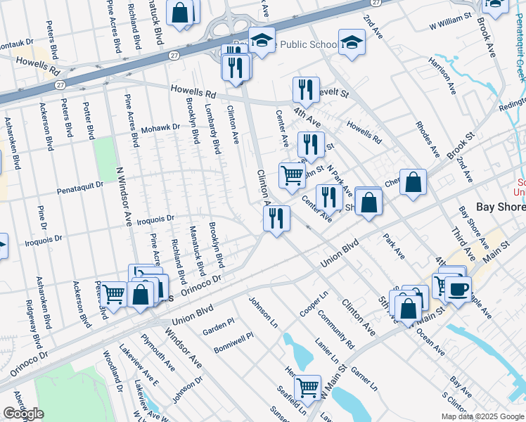 map of restaurants, bars, coffee shops, grocery stores, and more near 115 North Clinton Avenue in Bay Shore