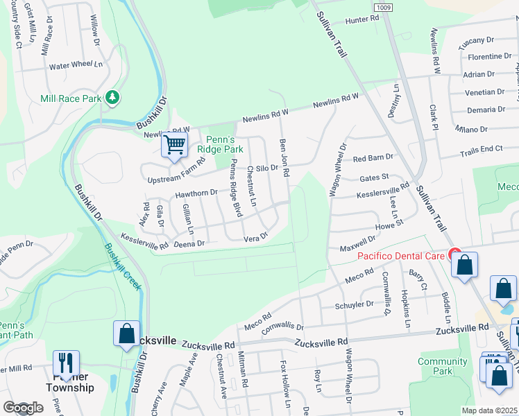 map of restaurants, bars, coffee shops, grocery stores, and more near 2505 Hickory Drive in Easton