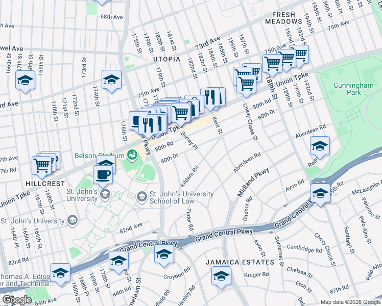 map of restaurants, bars, coffee shops, grocery stores, and more near 17912 80th Drive in Queens