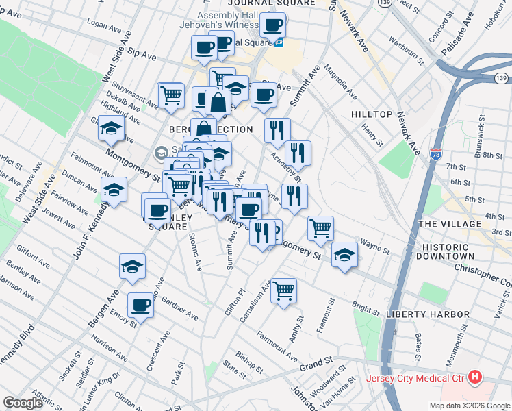 map of restaurants, bars, coffee shops, grocery stores, and more near in Jersey City