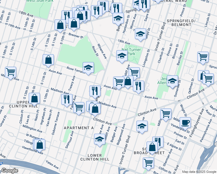 map of restaurants, bars, coffee shops, grocery stores, and more near 176 Avon Avenue in Newark