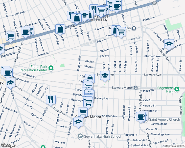 map of restaurants, bars, coffee shops, grocery stores, and more near 901 Covert Avenue in New Hyde Park