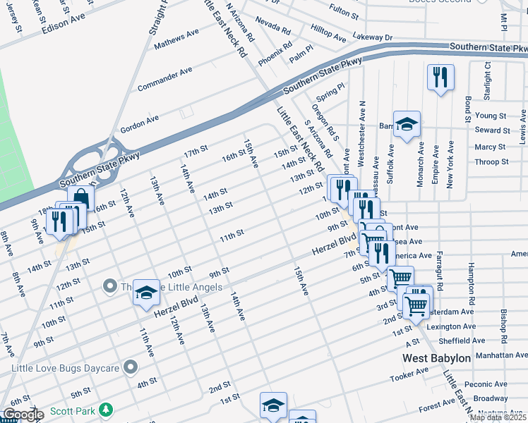 map of restaurants, bars, coffee shops, grocery stores, and more near 1483 12th Street in West Babylon
