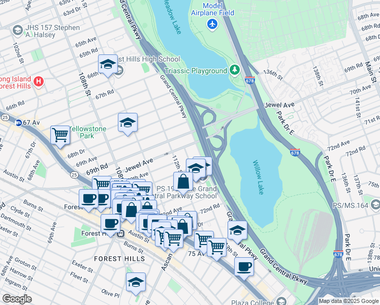 map of restaurants, bars, coffee shops, grocery stores, and more near 69-65 113th Street in Queens