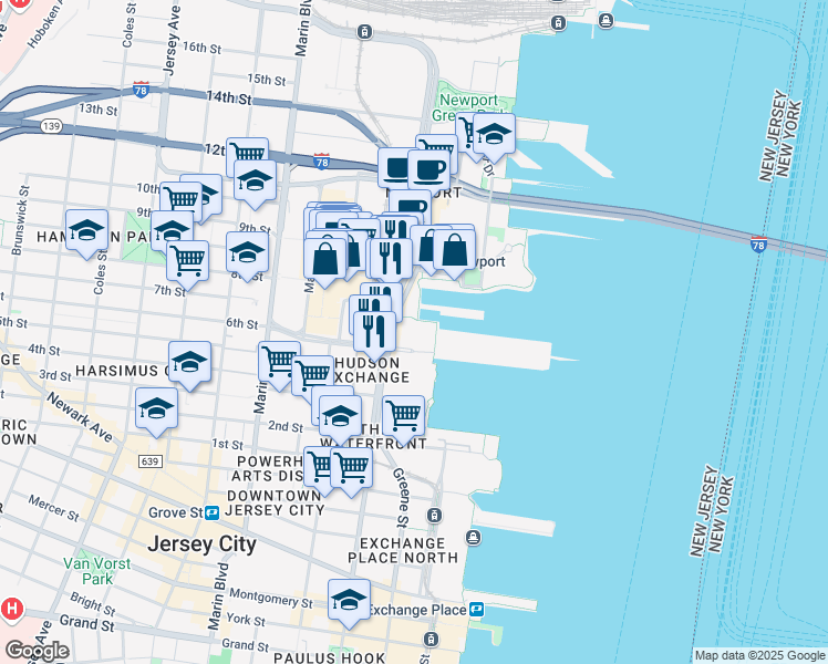 map of restaurants, bars, coffee shops, grocery stores, and more near 480 Washington Boulevard in Jersey City