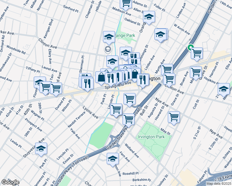 map of restaurants, bars, coffee shops, grocery stores, and more near 667 Nye Avenue in Irvington
