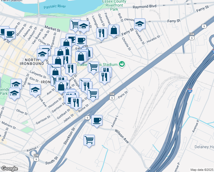 map of restaurants, bars, coffee shops, grocery stores, and more near 113-129 Kossuth Street in Newark
