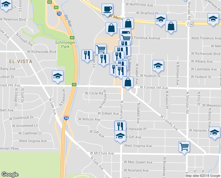map of restaurants, bars, coffee shops, grocery stores, and more near 1402 W Forrest Hill Ave in Peoria