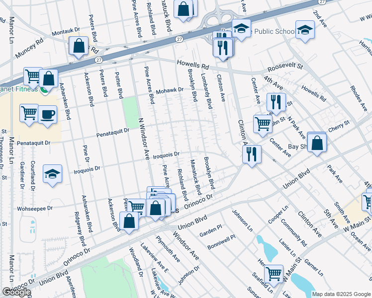 map of restaurants, bars, coffee shops, grocery stores, and more near 40 Iroquois Drive in Brightwaters