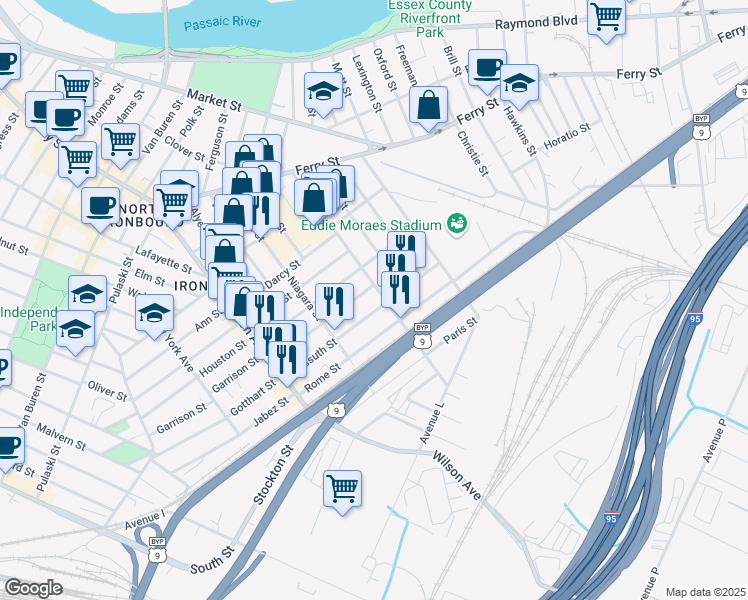 map of restaurants, bars, coffee shops, grocery stores, and more near 133 Magazine Street in Newark