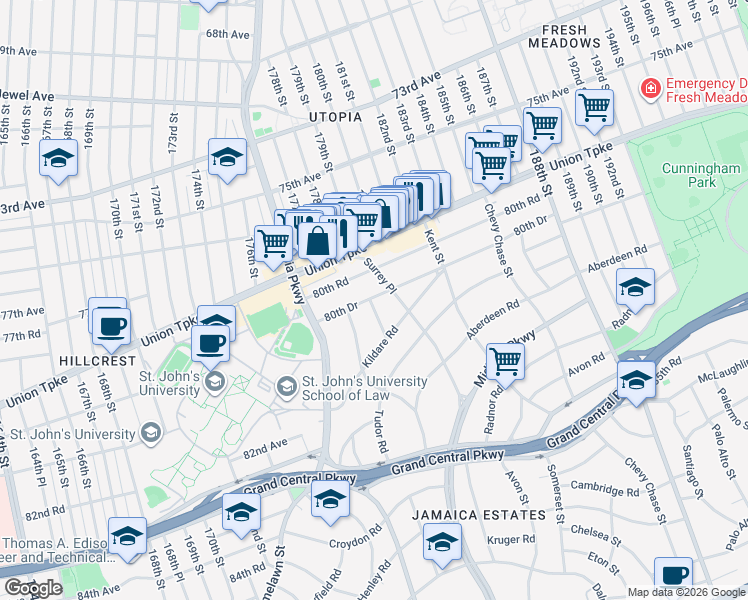 map of restaurants, bars, coffee shops, grocery stores, and more near 17912 80th Drive in Queens