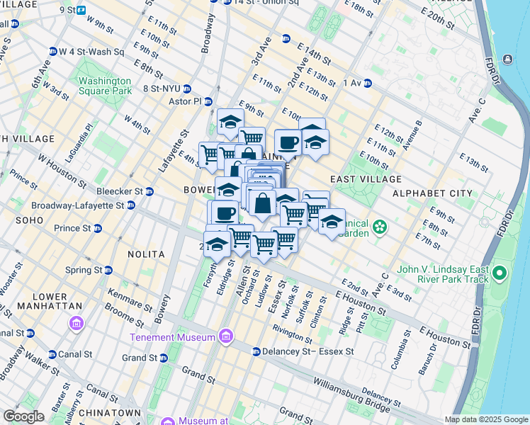 map of restaurants, bars, coffee shops, grocery stores, and more near 57 1st Avenue in New York