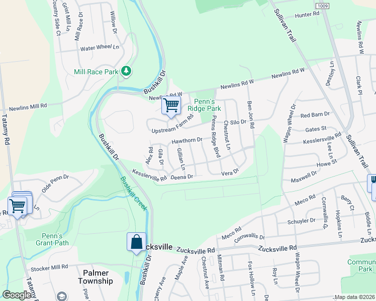 map of restaurants, bars, coffee shops, grocery stores, and more near 2535 Jeannette Lane in Easton