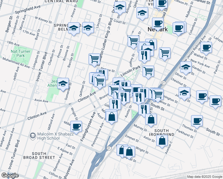 map of restaurants, bars, coffee shops, grocery stores, and more near 15 Thomas Street in Newark