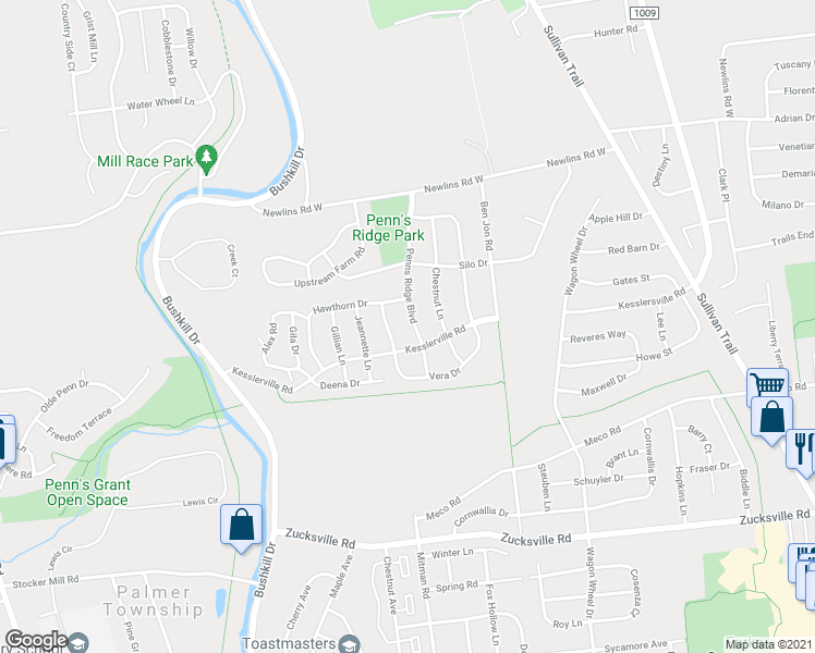map of restaurants, bars, coffee shops, grocery stores, and more near 2535 Penns Ridge Boulevard in Easton