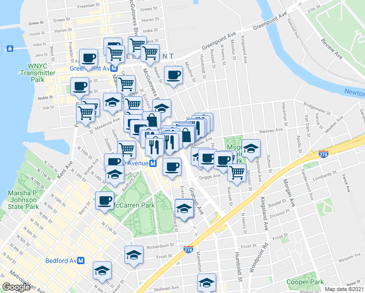 map of restaurants, bars, coffee shops, grocery stores, and more near 115 A Nassau Avenue in Brooklyn