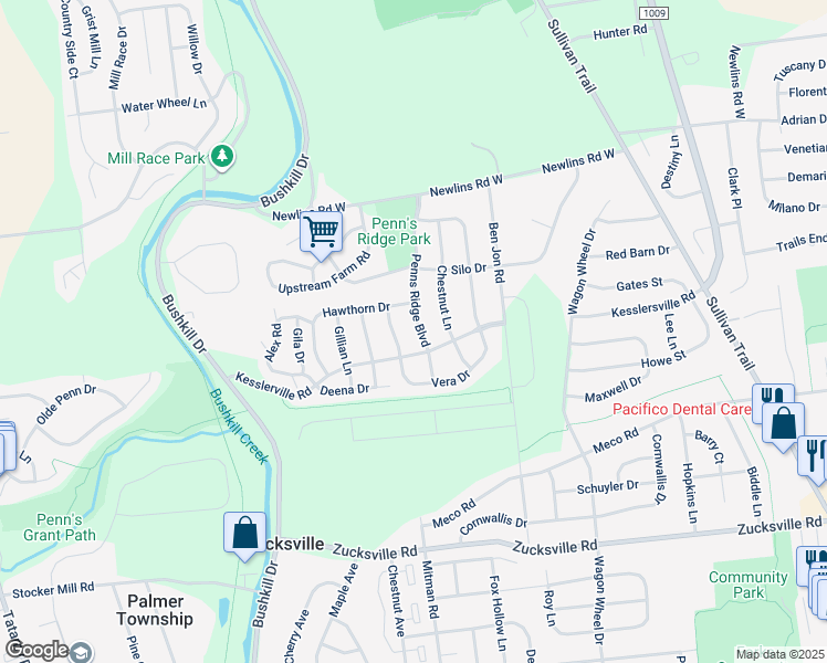 map of restaurants, bars, coffee shops, grocery stores, and more near 2535 Penns Ridge Boulevard in Easton