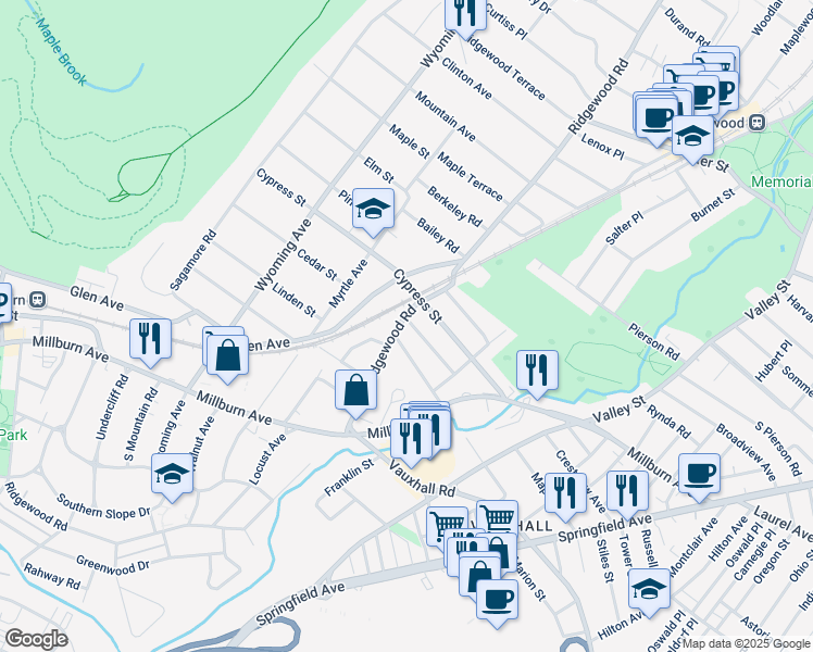 map of restaurants, bars, coffee shops, grocery stores, and more near 712 Ridgewood Road in Millburn