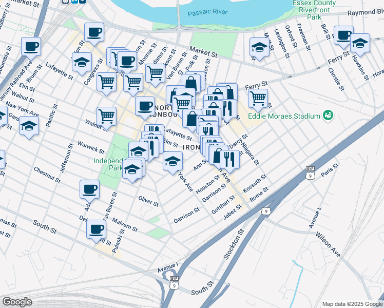 map of restaurants, bars, coffee shops, grocery stores, and more near 78 Lang Street in Newark