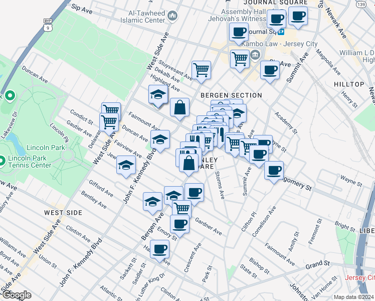 map of restaurants, bars, coffee shops, grocery stores, and more near 319 Fairmount Avenue in Jersey City