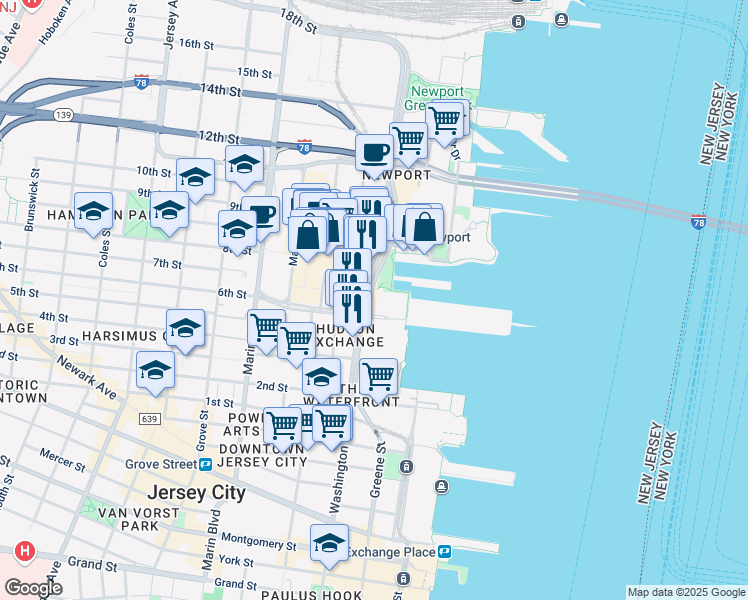 map of restaurants, bars, coffee shops, grocery stores, and more near 480 Washington Boulevard in Jersey City