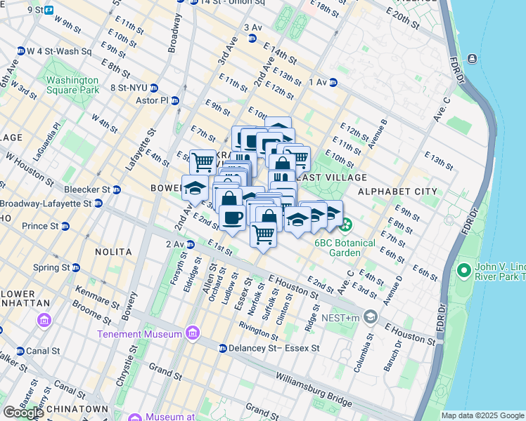 map of restaurants, bars, coffee shops, grocery stores, and more near 155 East 4th Street in New York