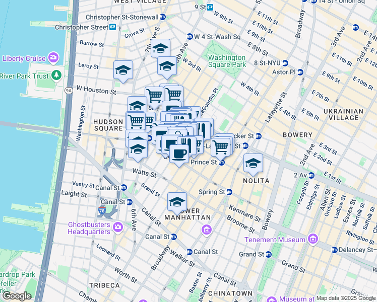 map of restaurants, bars, coffee shops, grocery stores, and more near 423 West Broadway in New York