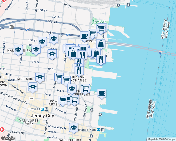 map of restaurants, bars, coffee shops, grocery stores, and more near 480 Washington Boulevard in Jersey City