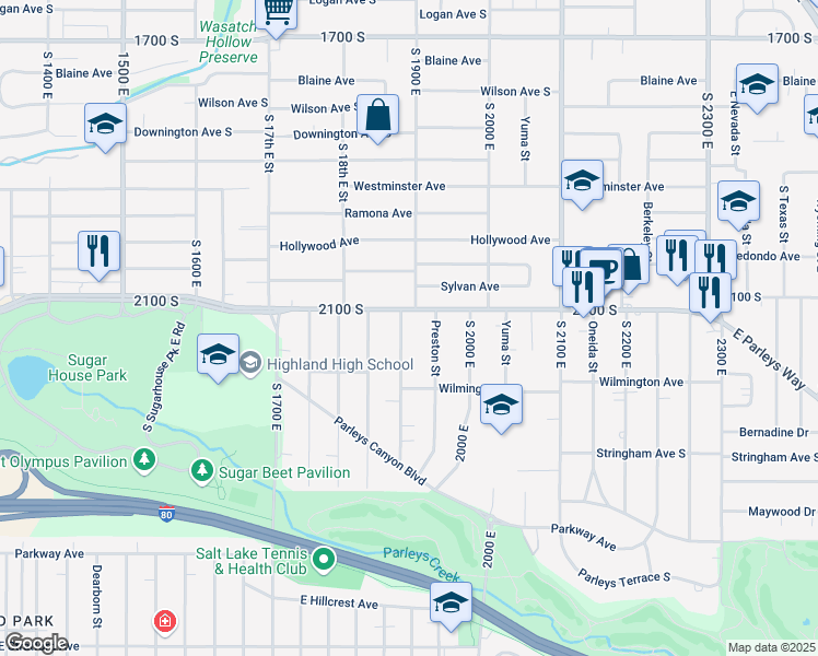map of restaurants, bars, coffee shops, grocery stores, and more near 2119 South 1900 East in Salt Lake City