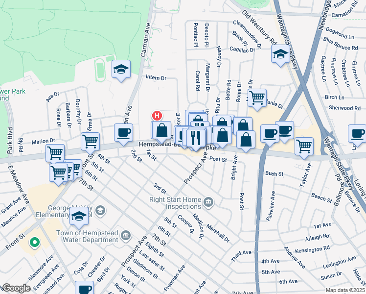 map of restaurants, bars, coffee shops, grocery stores, and more near 2282 Hempstead Turnpike in East Meadow
