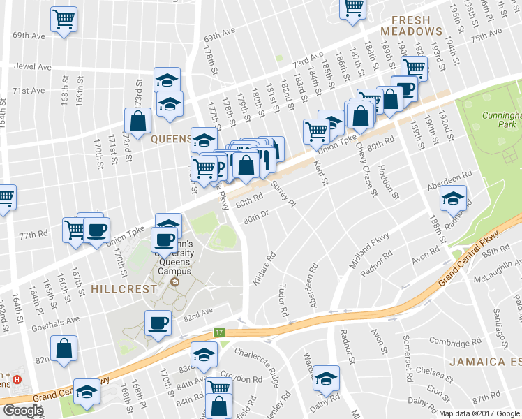 map of restaurants, bars, coffee shops, grocery stores, and more near 178-03 80th Drive in Queens