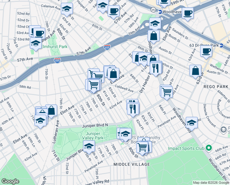map of restaurants, bars, coffee shops, grocery stores, and more near 61-35 82nd Street in Queens