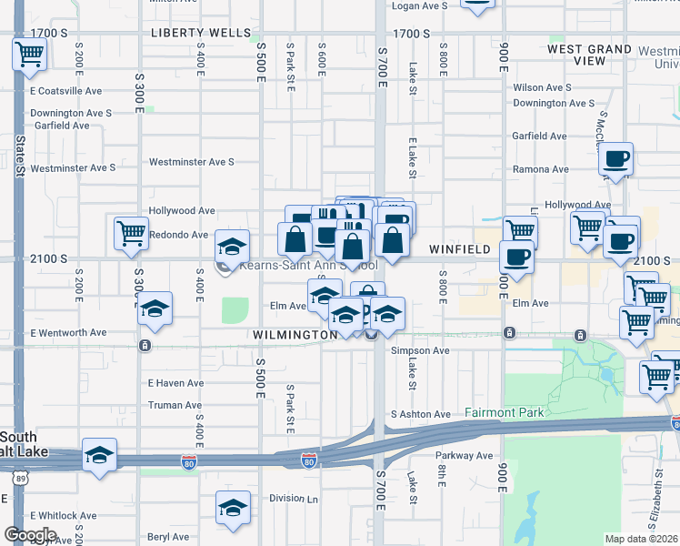 map of restaurants, bars, coffee shops, grocery stores, and more near 2118 South Green Street in Salt Lake City
