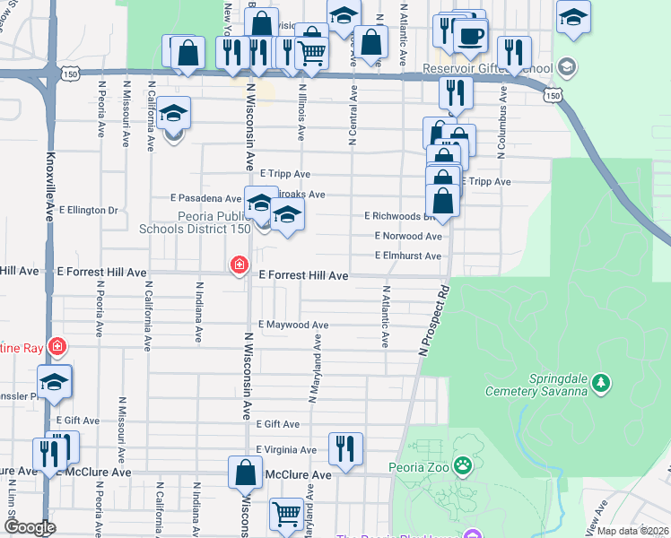 map of restaurants, bars, coffee shops, grocery stores, and more near 1013 East Forrest Hill Avenue in Peoria