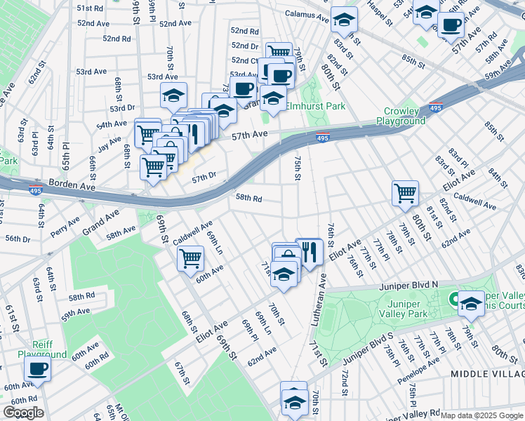 map of restaurants, bars, coffee shops, grocery stores, and more near 72-05 Caldwell Avenue in Queens