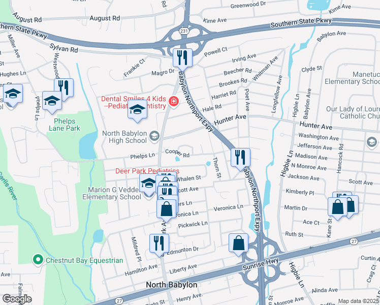 map of restaurants, bars, coffee shops, grocery stores, and more near 124 Glen Road in North Babylon