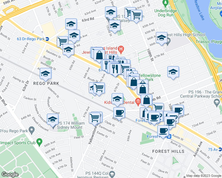 map of restaurants, bars, coffee shops, grocery stores, and more near 67-50 Booth Street in Queens