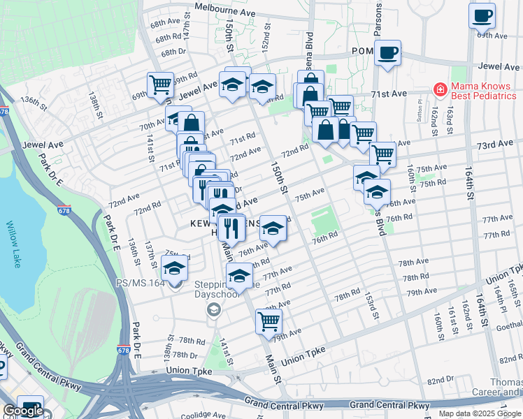map of restaurants, bars, coffee shops, grocery stores, and more near 147-15 75th Avenue in Queens