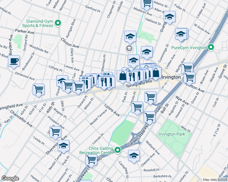 map of restaurants, bars, coffee shops, grocery stores, and more near 732 Nye Avenue in Irvington