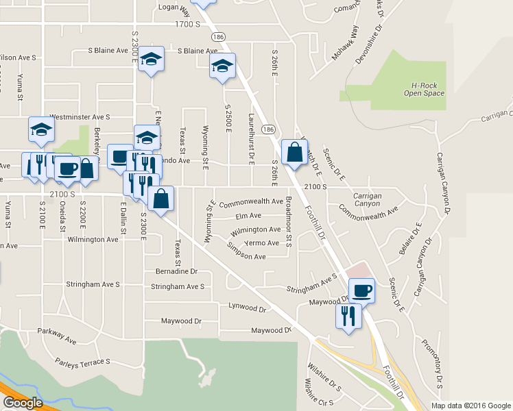 map of restaurants, bars, coffee shops, grocery stores, and more near 2552 Commonwealth Avenue in Salt Lake City