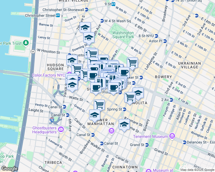 map of restaurants, bars, coffee shops, grocery stores, and more near 110 Prince Street in New York