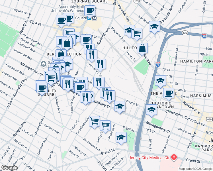 map of restaurants, bars, coffee shops, grocery stores, and more near 257 Cornelison Avenue in Jersey City